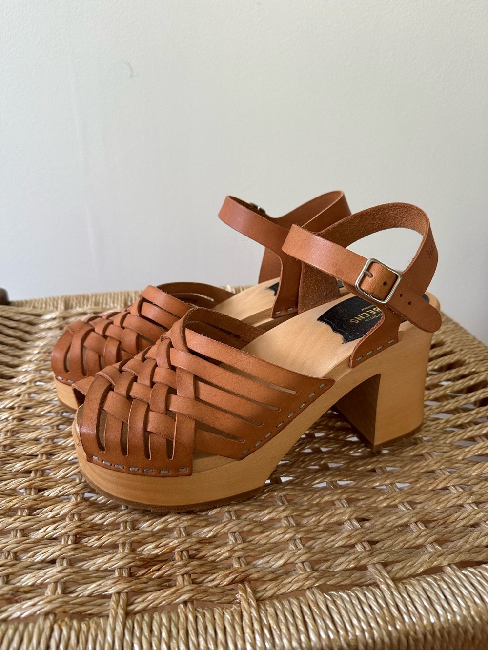 Swedish Hasbeens Woven Tan Leather Wedge Sandals
